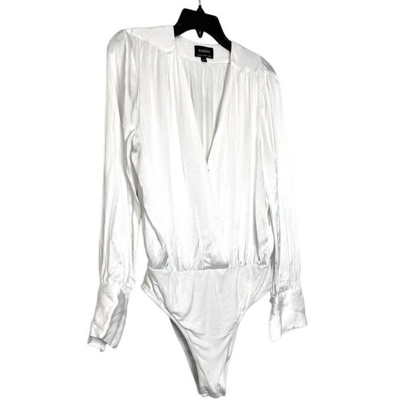 Bardot Cassidy Surplice Wrap Front Satin Long Sleeve Ivory Bodysuit Top Size 10 - Picture 3 of 5